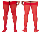 Red sheer CandyMan 99533 mesh thigh highs with a solid red elastic band at the top