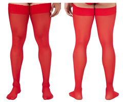 Red sheer CandyMan 99533 mesh thigh highs with a solid red elastic band at the top