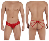 Back view of red lace candy man 99535 bow jockstrap featuring a decorative bow and thong design
