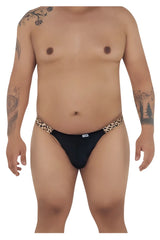 Black CandyMan 99536X bikini jockstrap briefs with leopard-print waistband showing front side