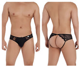 Black lace CandyMan 99538 jockstrap with sheer mesh and intricate floral detailing in black color