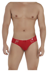 Red candy man 99538 lace jockstrap briefs with lace trim and small bow at front in vibrant red color