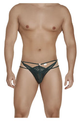 Black lace thong candyMan 99547 double thong in hunter green with central circular clasp and decorative straps