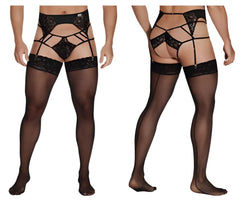 Black lace garter-jockstrap outfit with sheer stockings by candyman in black showcasing intricate lace material