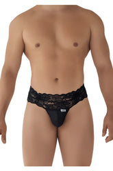 Black lace-trimmed men’s thong candyMan 99595 with sleek form-fitting design in black lace material