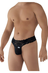 Black lace-trimmed men’s thong with solid fabric body and embroidered brand tag by candyman 99595 in black