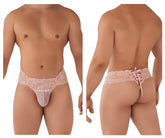 CandyMan 99595 lace thong in rose with sheer mesh front and back and floral embroidery along the waistband