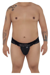 Black lace-trimmed thong with small brand logo front candyMan 99595X lace thongs color black