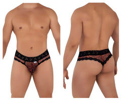 Black lace-trimmed leopard print mesh-lace thong by Candyman showing the front detail