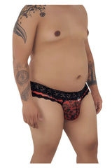 Red and black leopard print CandyMan 99596X mesh-lace briefs with lace trim in front view
