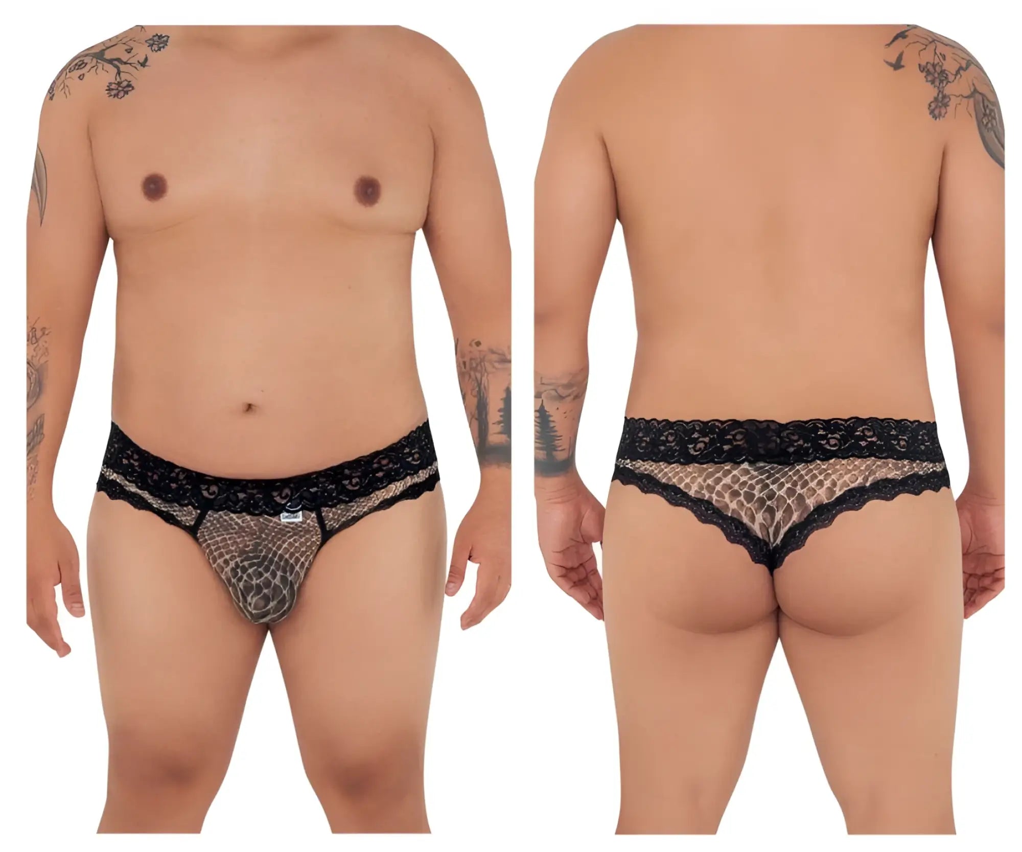 Black lace-trimmed mesh briefs with subtle snake-scale print from candyman 99596x in snake print color