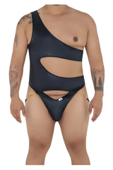 Black candyMan 99597X one shoulder swimsuit with cutout design and gold chain detailing