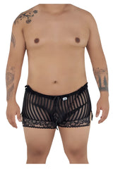 CandyMan 99601X lounge pajama shorts in black sheer striped fabric with lace trim