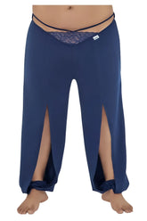 Navy candyMan 99603X lounge pajama pants with wide-leg cut lace trim waistband and tied cuffs