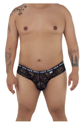 Black lace men’s briefs with spank me waistband by candyman 99615x in black, shown from the back side