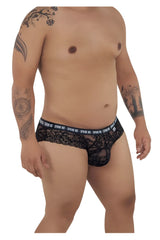 Black lace men’s briefs with spank me waistband from candyman 99615x in black shown from the back side