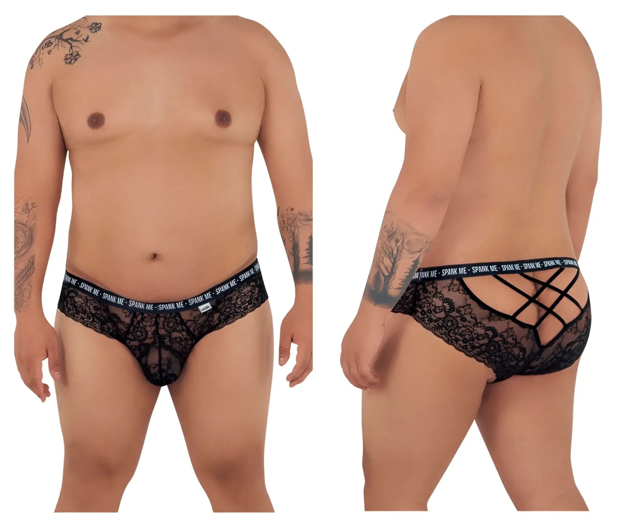 Black lace mens briefs with crisscross back design and spank me waistband branding candyMan 99615X color black