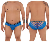 Back side of dark blue candyman 99615x spank me lace briefs for men with crisscross design and black spank me waistband