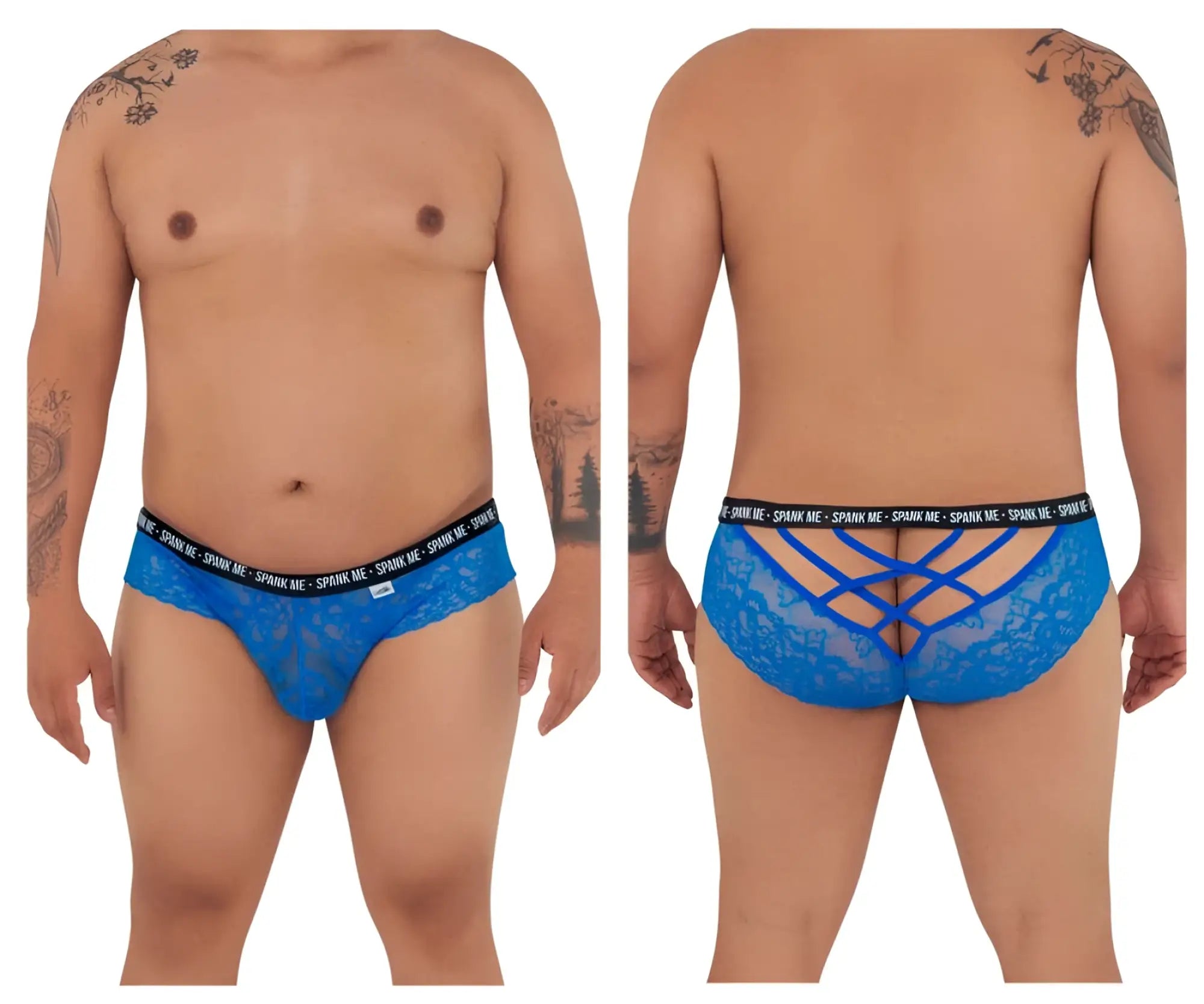 Dark blue candyman 99615x spank me lace briefs with crisscross back and black elastic waistband branding