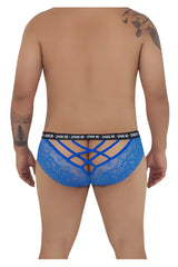 Back view of candyman 99615x spank me dark blue men’s lace briefs with crisscross design and black elastic waistband