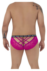 Back side of candyMan 99615X spank me lace briefs in fuchsia with crisscross design and black elastic waistband pink color