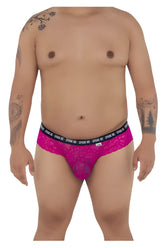 Vibrant fuchsia lace thong with black elastic waistband featuring spank me logo candyMan 99615X lace briefs pink