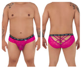 Vibrant pink Candyman 99615X lace men’s briefs with black elastic waistband featuring spank me text repeated