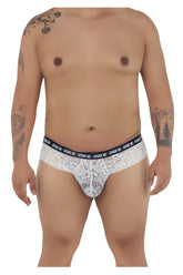 White lace CandyMan 99615X spank me briefs with black elastic waistband featuring repeated spank me text