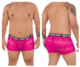 Fuchsia lace CandyMan 99616X Trouble Maker trunks with black elastic waistband and white trouble maker logo