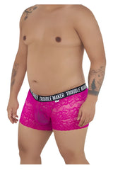 Fuchsia lace CandyMan 99616X Trouble Maker trunks with black elastic waistband and white brand lettering