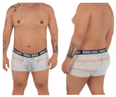 Whit lace boxer briefs with black elastic waistband featuring trouble maker brand name by candyman 99616x