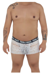 White lace boxer briefs with black elastic waistband featuring trouble maker brand name in white lettering candyMan 99616X