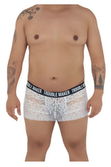 White lace boxer briefs with black elastic waistband featuring trouble maker brand name in white lettering candyMan 99616X