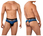 Bluelace thong jockstrap with black trim and central panel by candyman in blue lace design