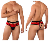 Red and black lace thong with bold intricate pattern candy man 99627 lace jockstrap in red