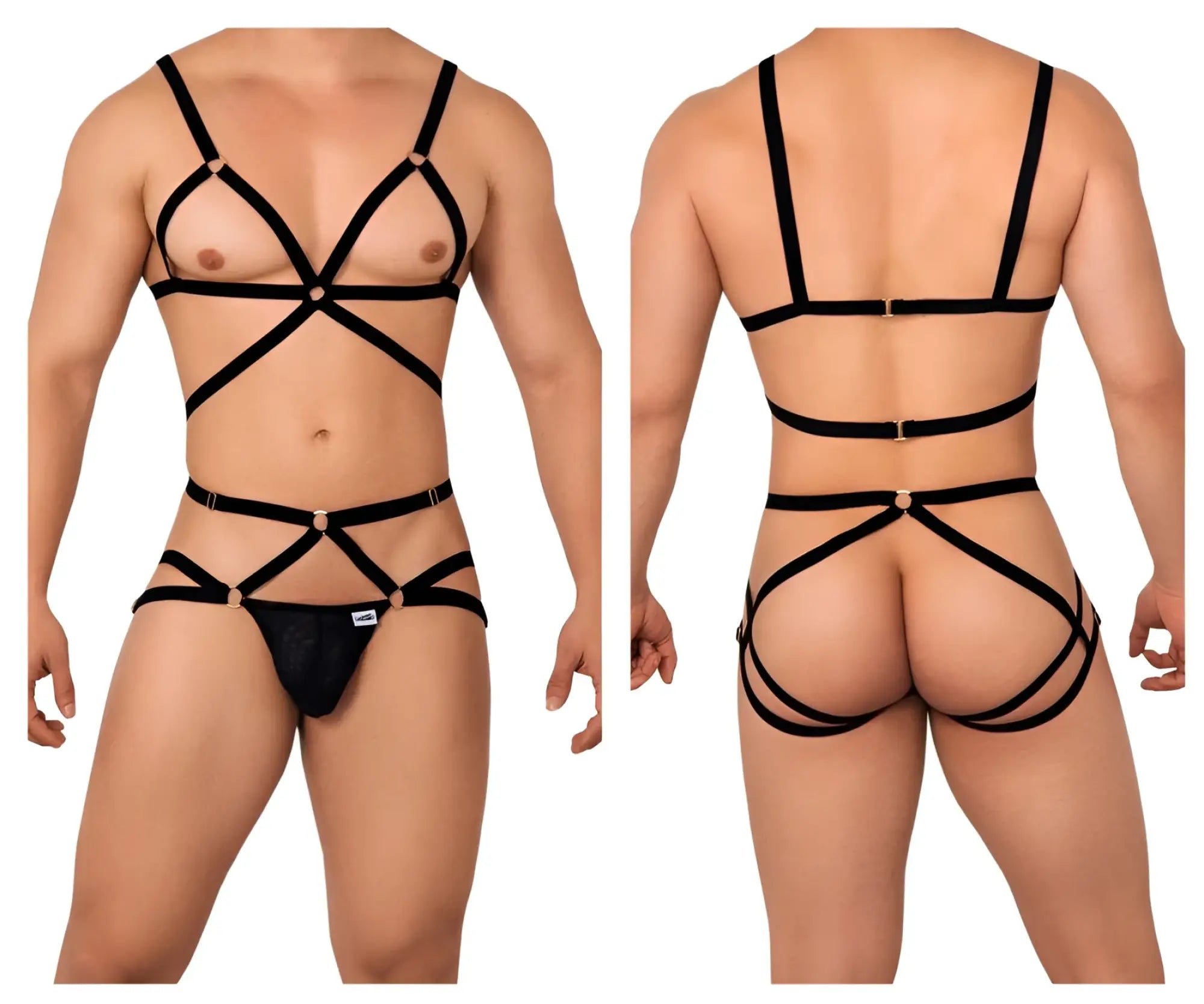 Black strappy harness two piece lingerie set with metallic gold toned hardware candy man 99635 style