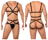 Black strappy harness two piece lingerie set with metallic gold toned hardware candy man 99635 style