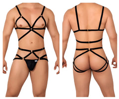 Black strappy harness two piece lingerie set with metallic gold toned hardware candy man 99635 style