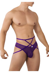 Purple CandyMan 99640 mesh thongs for men with crisscross straps and central clasp in breathable fabric