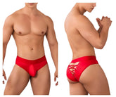 Red satin finish CandyMan 99641 shorty briefs with lace-up back detailing for men