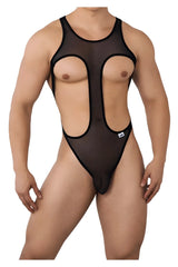 Black CandyMan 99643 mesh bodysuit one-piece swimsuit with sheer mesh, bold trim, and cutout design