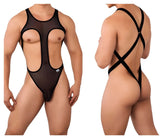 Black sheer mesh one-piece swimsuit with black elastic straps and cutouts candyMan 99643 mesh bodysuit color black