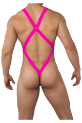 Bright pink candy man 99643 mesh bodysuit back view with strappy backless design and diamond-shaped cutout