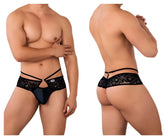 Black lace-trimmed thong with crisscross straps and central gold-tone clasp from Candyman 99647 lace thongs color black