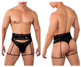 Black lace-trimmed mens sheer mesh briefs with side straps and back ties from candyman 99648 in black back view