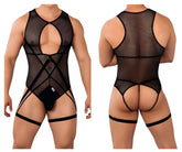 Black mesh CandyMan 99650 bodysuit with crisscross straps and leg ties showing front view
