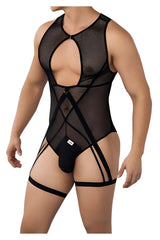 CandyMan 99650 mesh bodysuit in black featuring sheer panels and strappy leg ties for a bold look