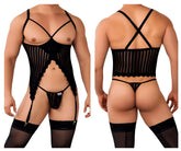 Black sheer mesh bodysuit with lace trim and adjustable straps from candyman 99654 mesh two piece set