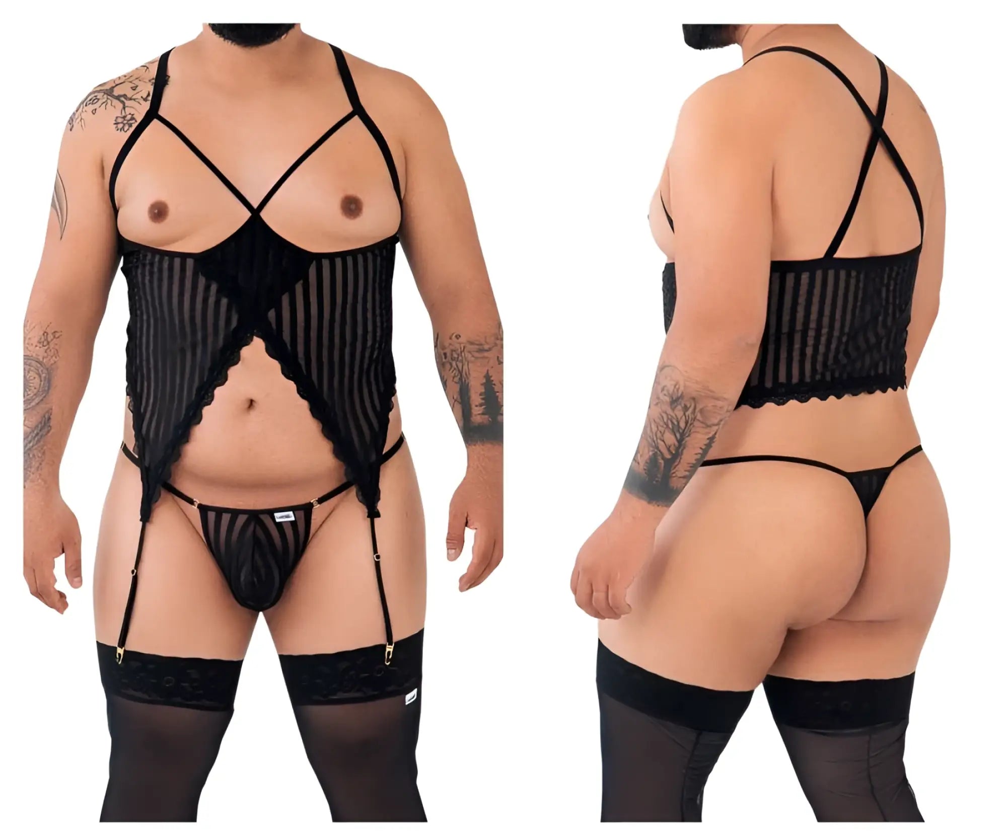 Black lace and mesh candyMan 99654X two piece set with crisscross straps thong garter belt and thigh-high stockings