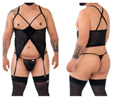 Black lace and mesh candyMan 99654X two piece set with crisscross straps thong garter belt and thigh-high stockings